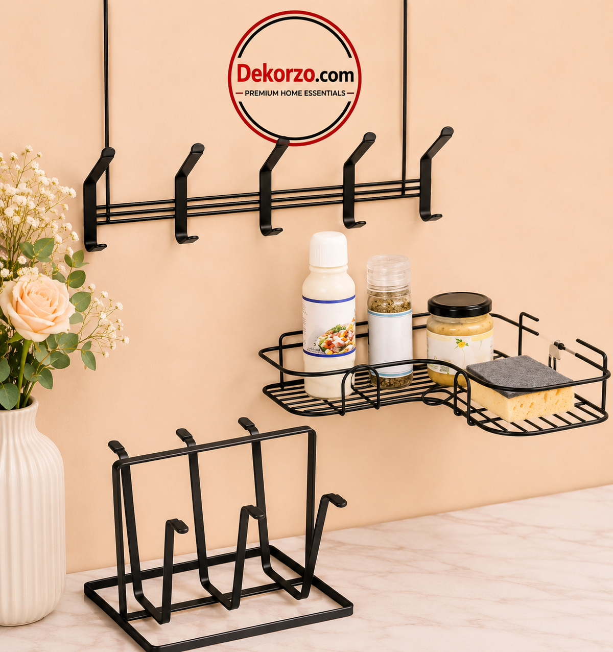 3-in-1 Black Metal Organizer Set – Bathroom Shelf, Over-the-Door Hook, & Lid Rack