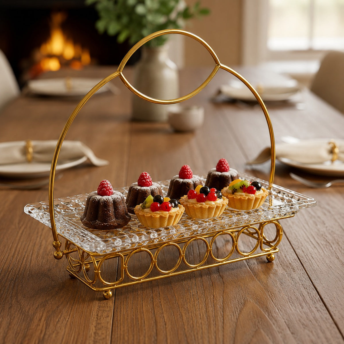 Golden Glass Serving Tray with Handle
