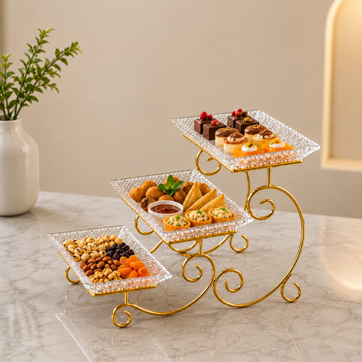 3-Tier Luxury Gold Crystal Serving Stand