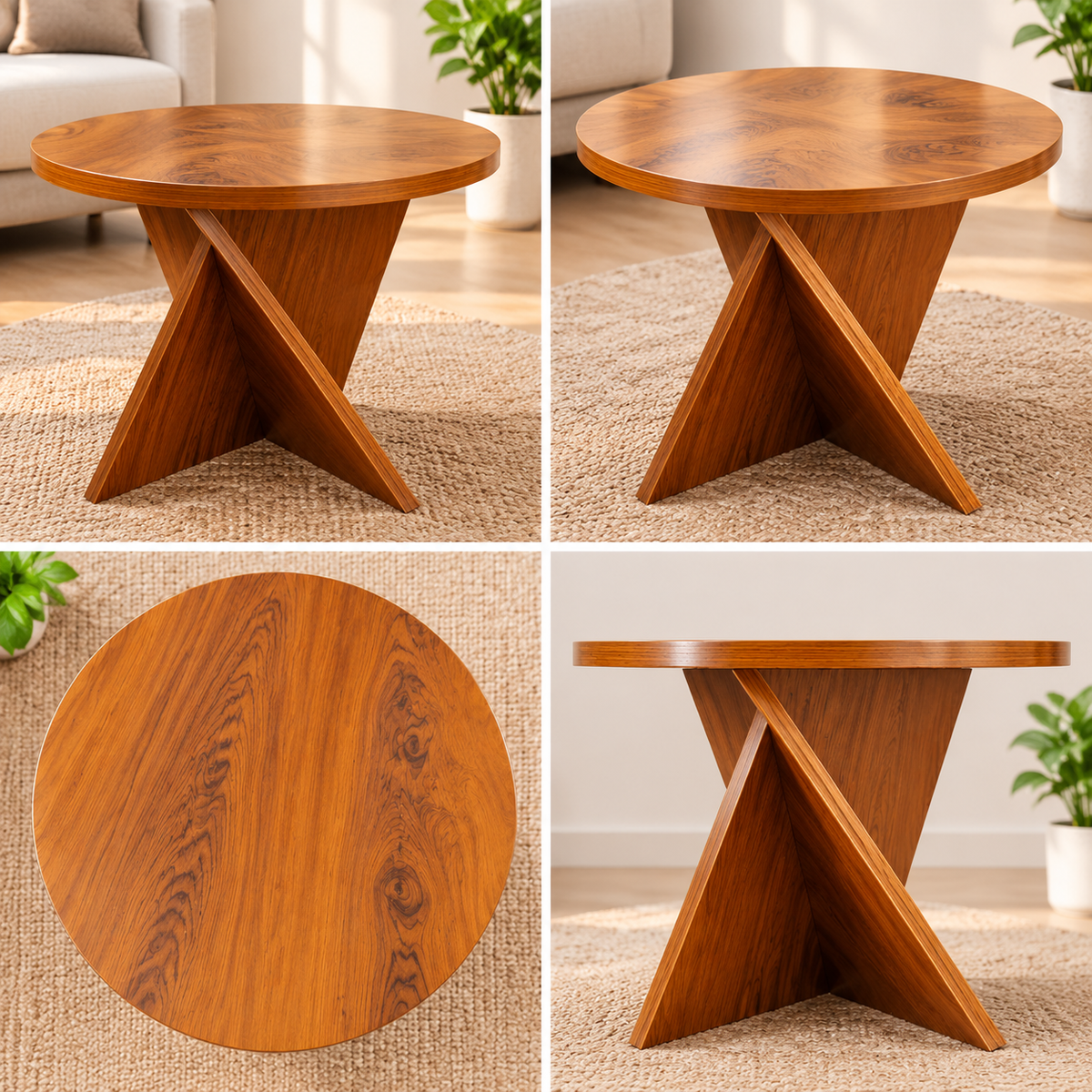 Modern Round Wooden Side Table – Stylish X-Shape Base