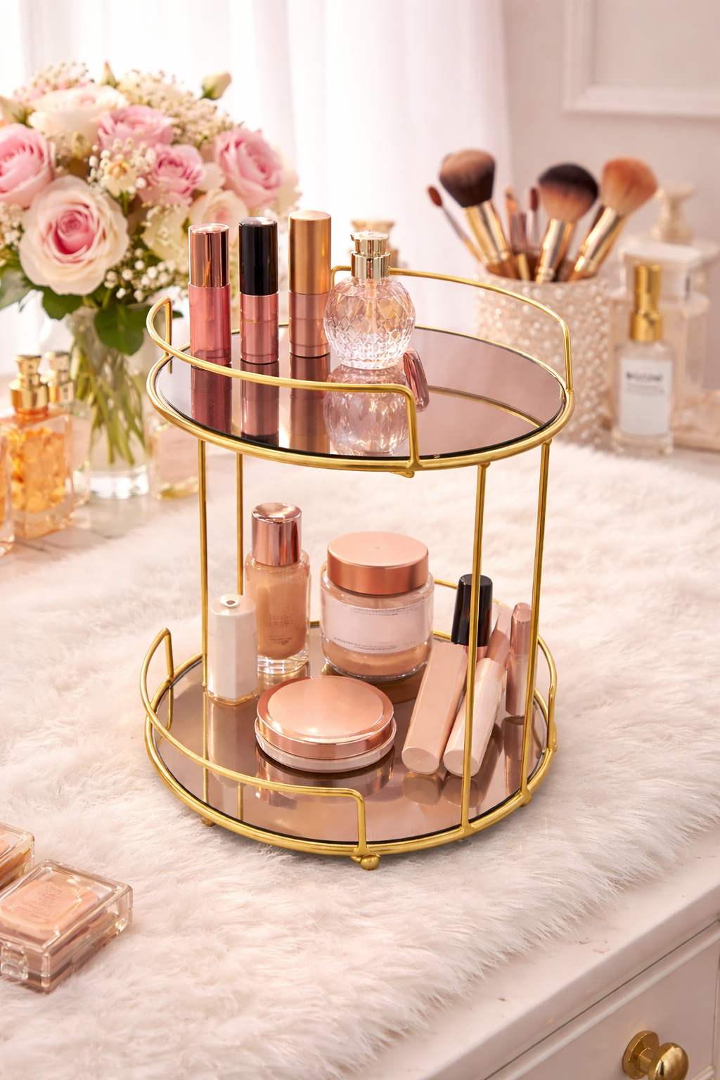 Metal Makeup Holder with Mirror Tray