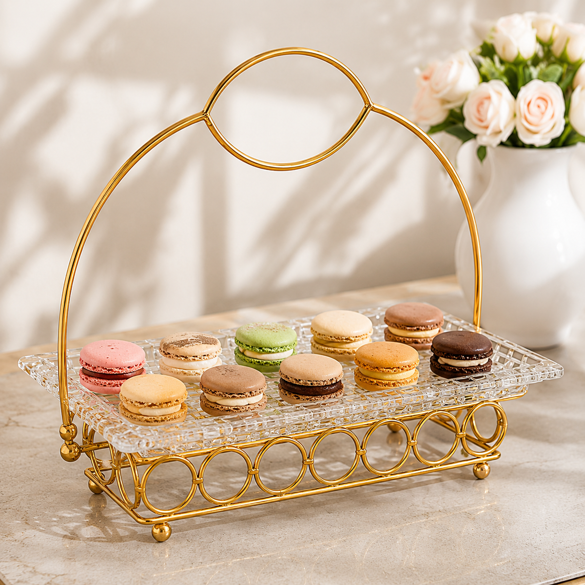 Golden Glass Serving Tray with Handle