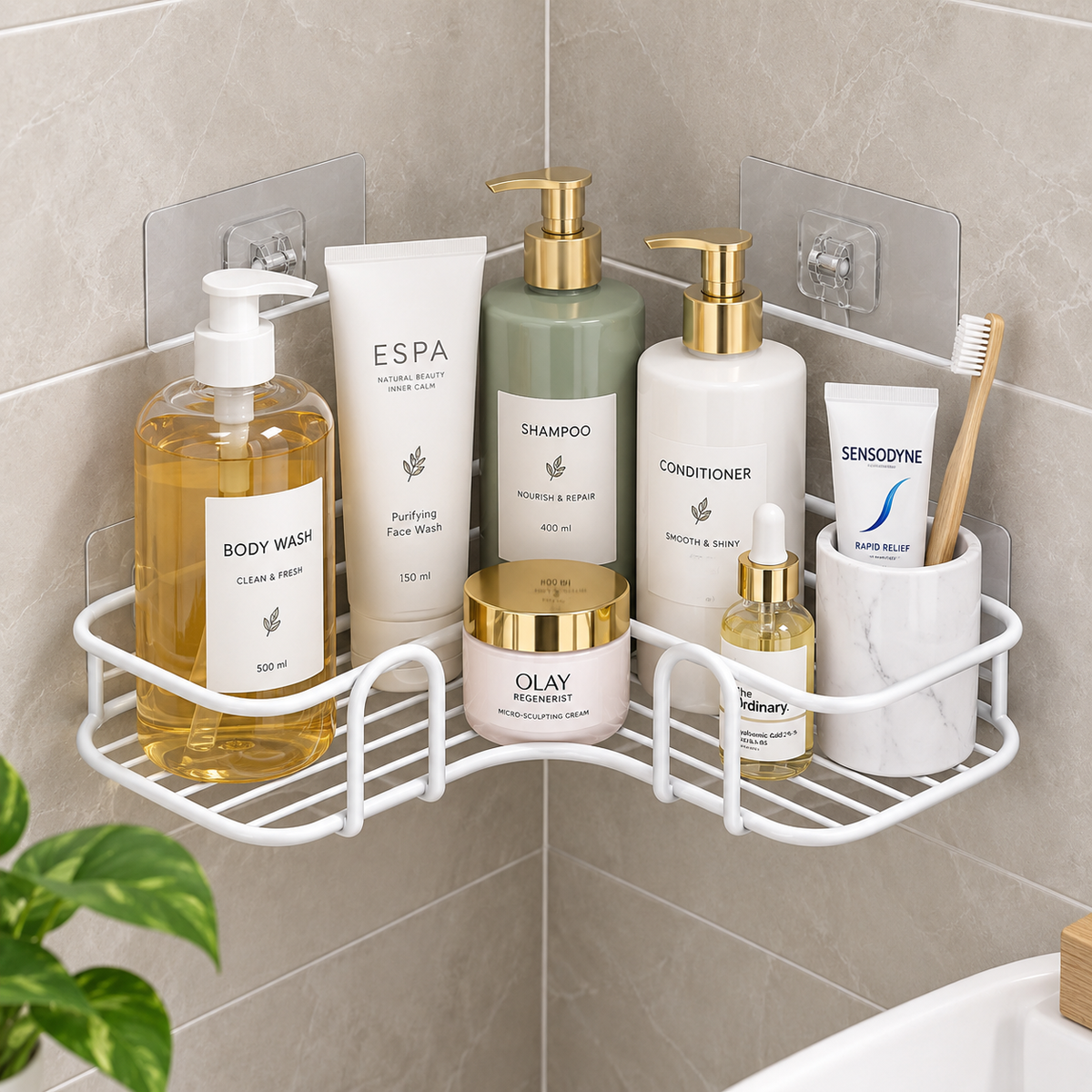2-Tier Corner Bathroom Shelf – No Drill Wall Mounted Organizer