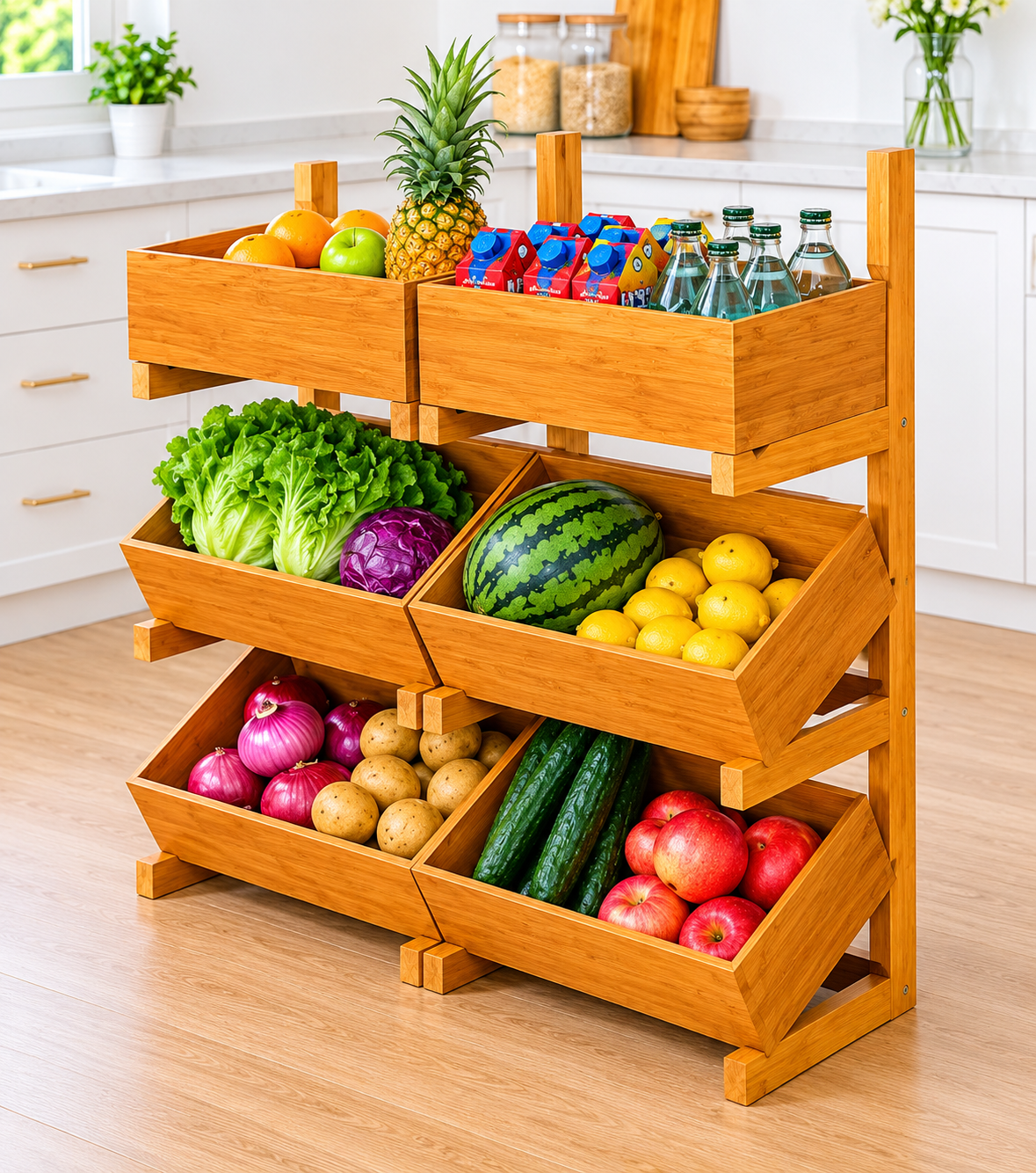 3 Tier Wooden Fruit & Vegetable Storage Rack – Multipurpose Kitchen Organizer