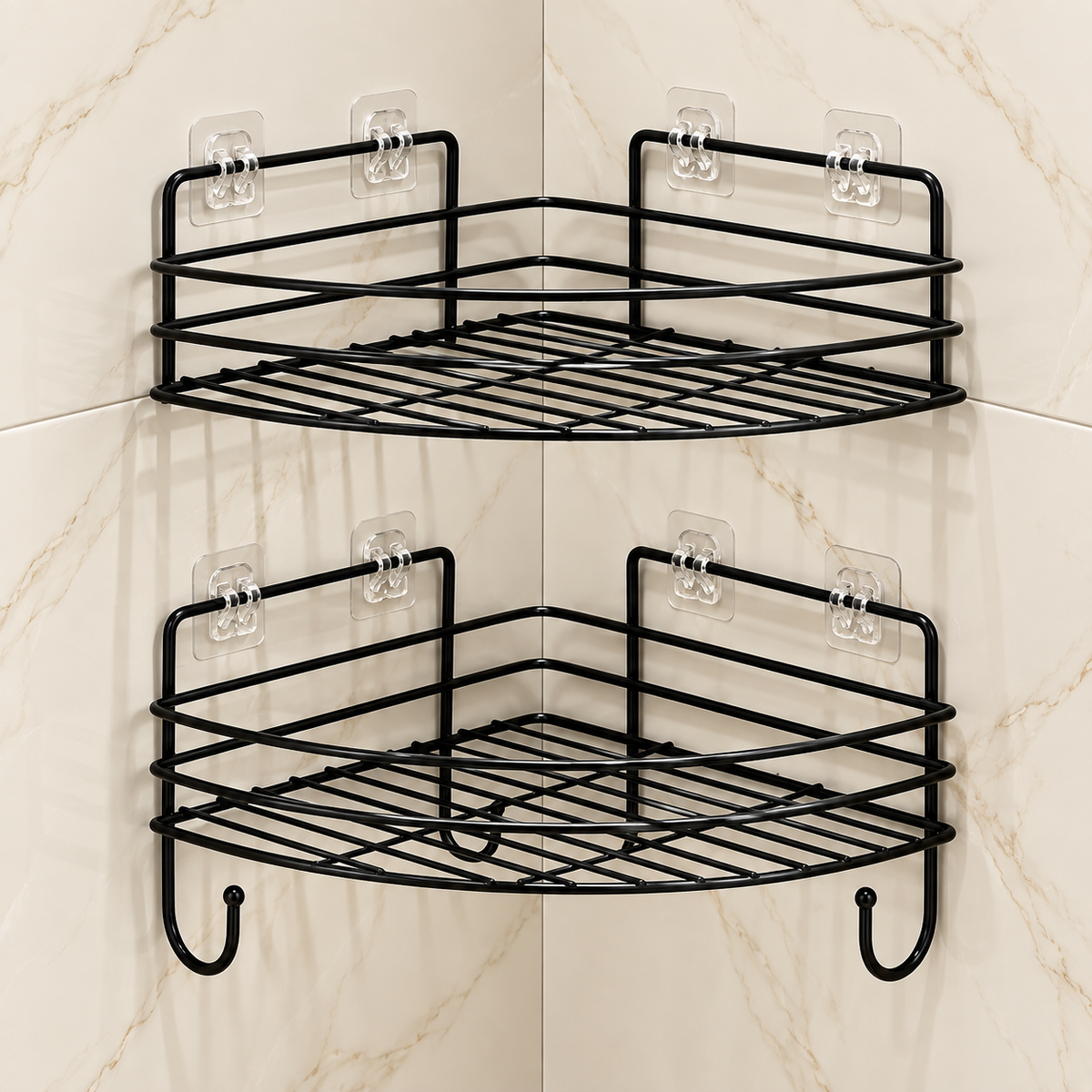 2-Tier Corner Bathroom Shelf with Hooks – Black