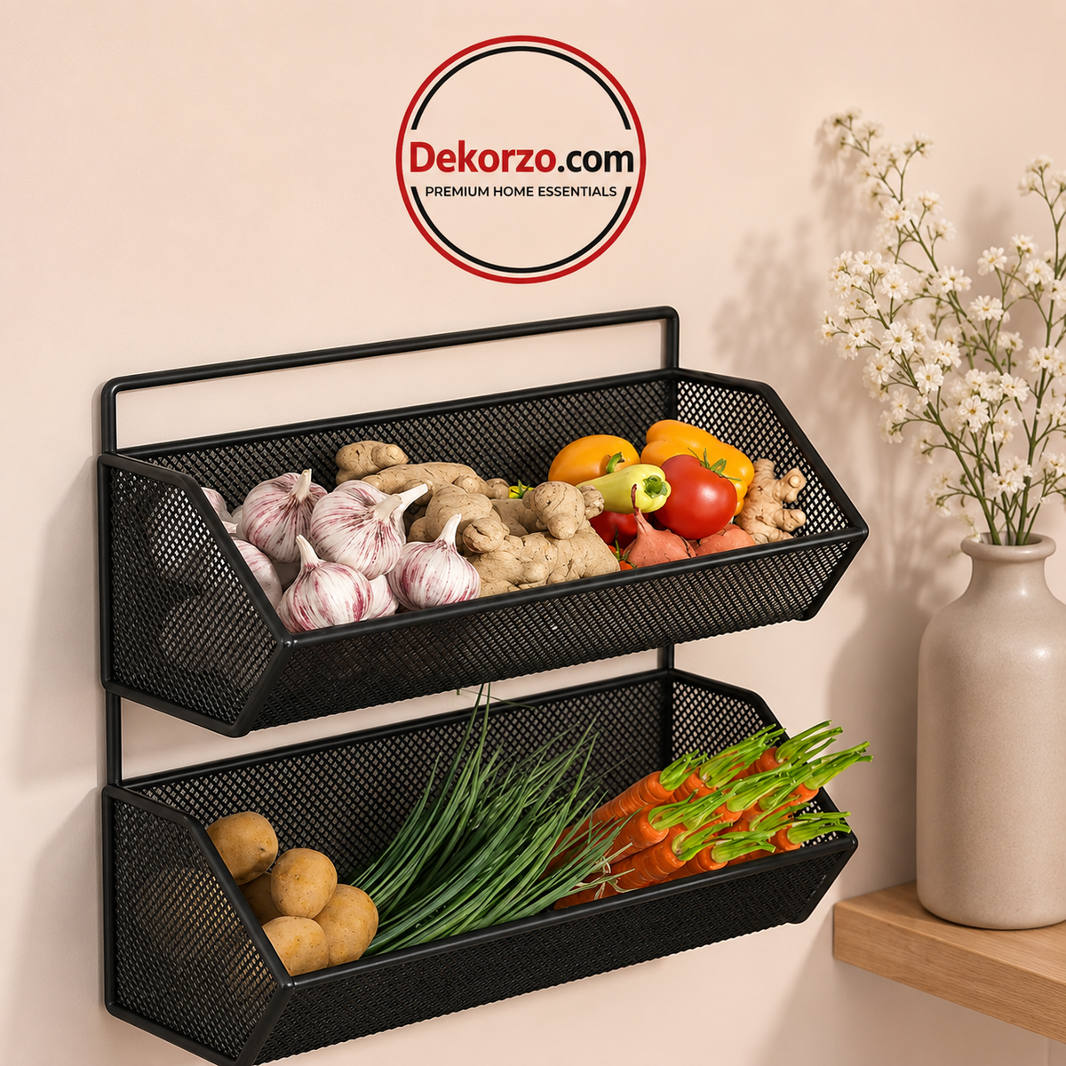 2-Tier Metal Wall Hanging Basket for Kitchen