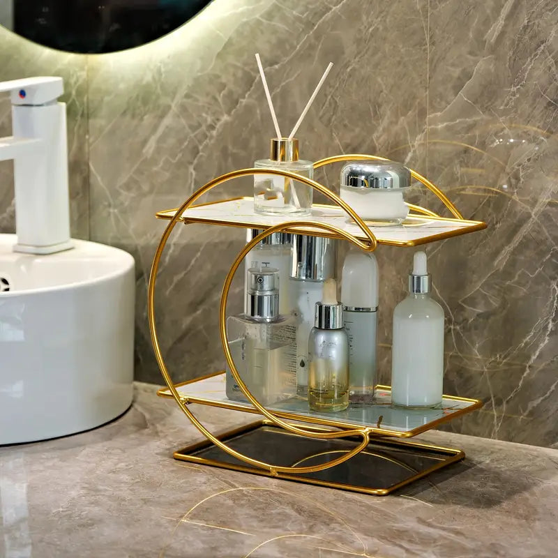 Luxury Golden Cosmetic & Skincare Organizer Rack – 2 Tier