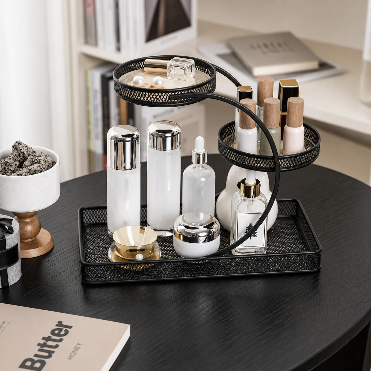 3-Tier Metal Organizer Stand with Tray – Black