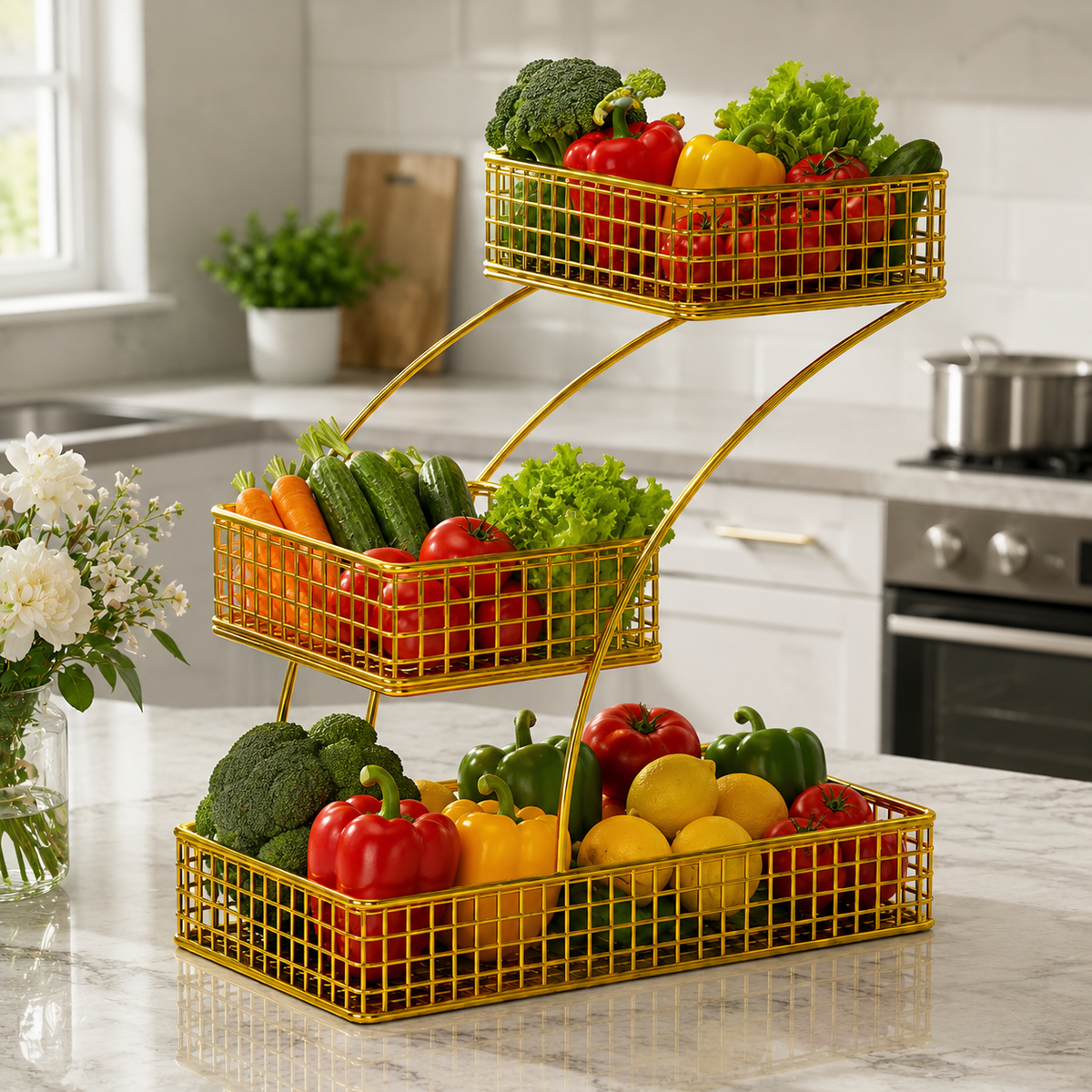 3 Tier Golden Fruit Basket Stand
