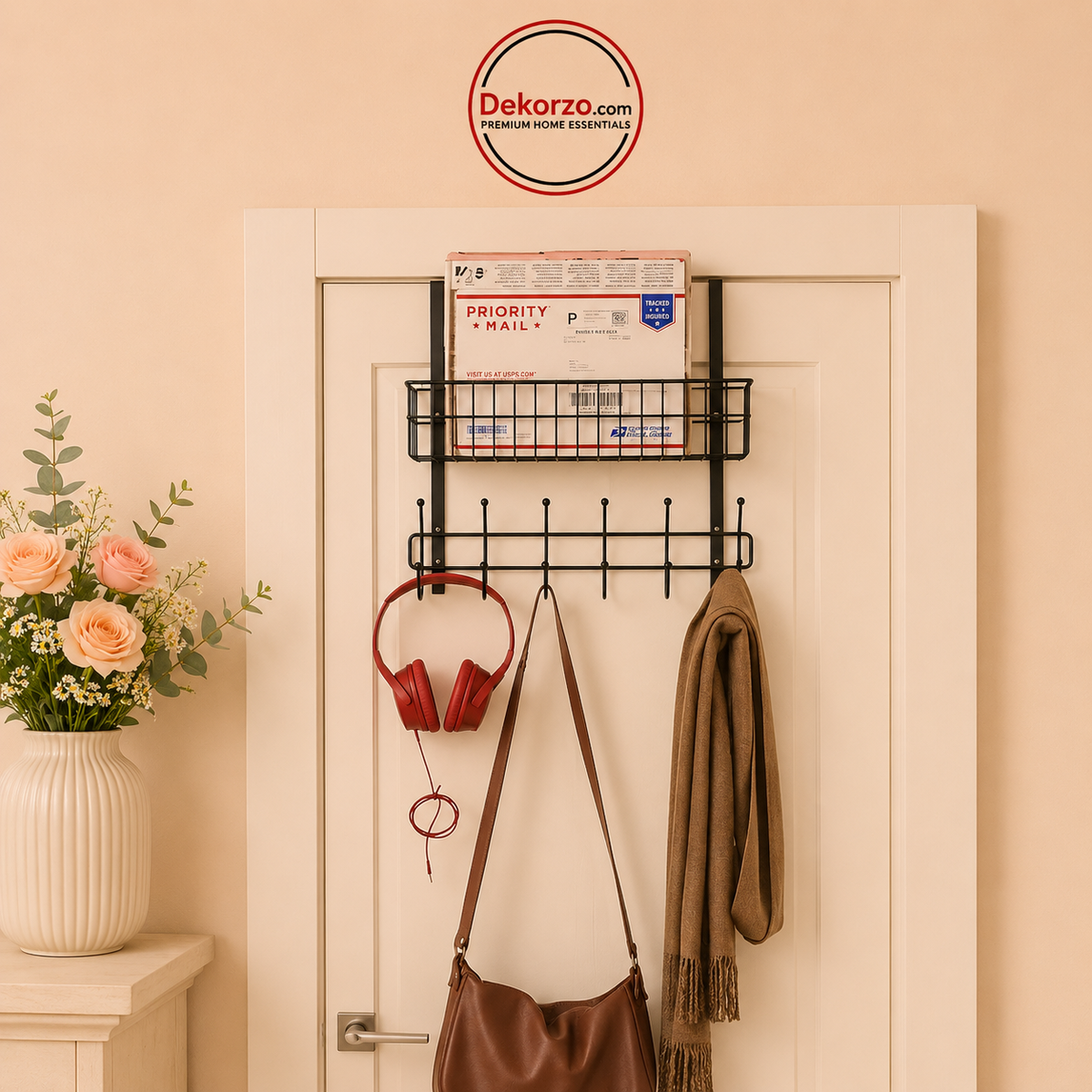 Metal Wire Storage Basket with 6 Hooks Black