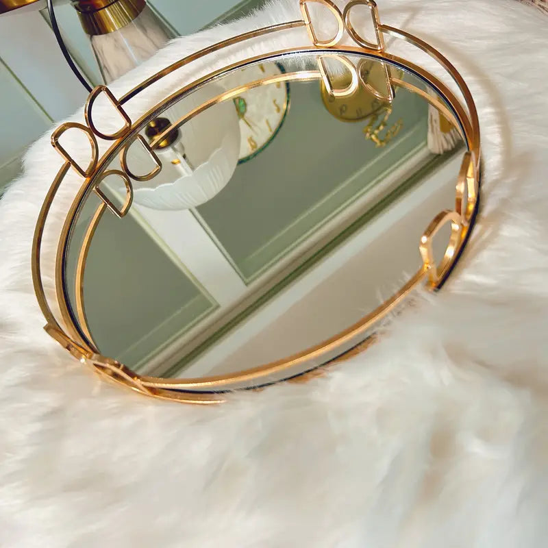 Elegant Golden Oval Mirror Tray – Decorative & Multi-Purpose