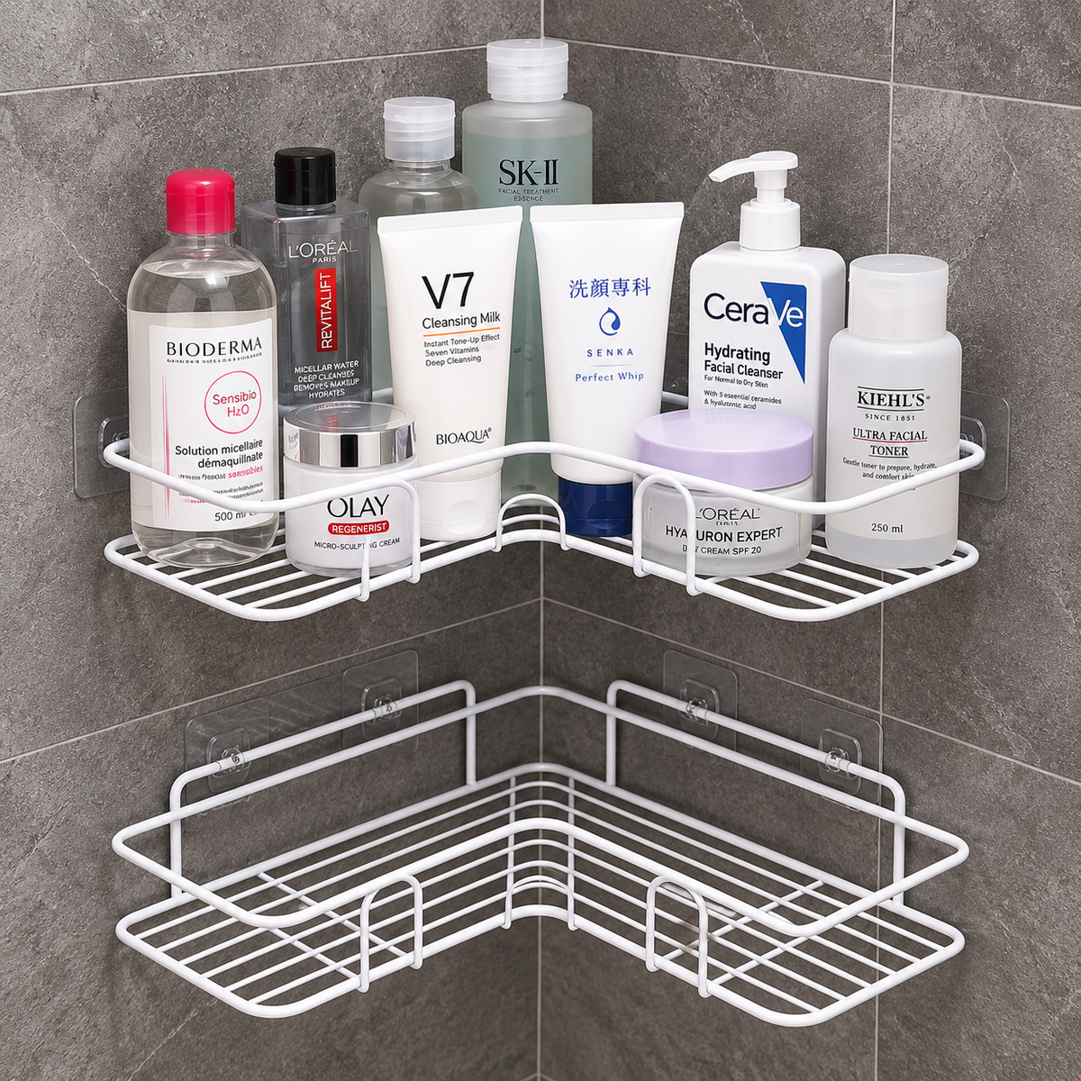 2-Tier Corner Bathroom Shelf – No Drill Wall Mounted Organizer