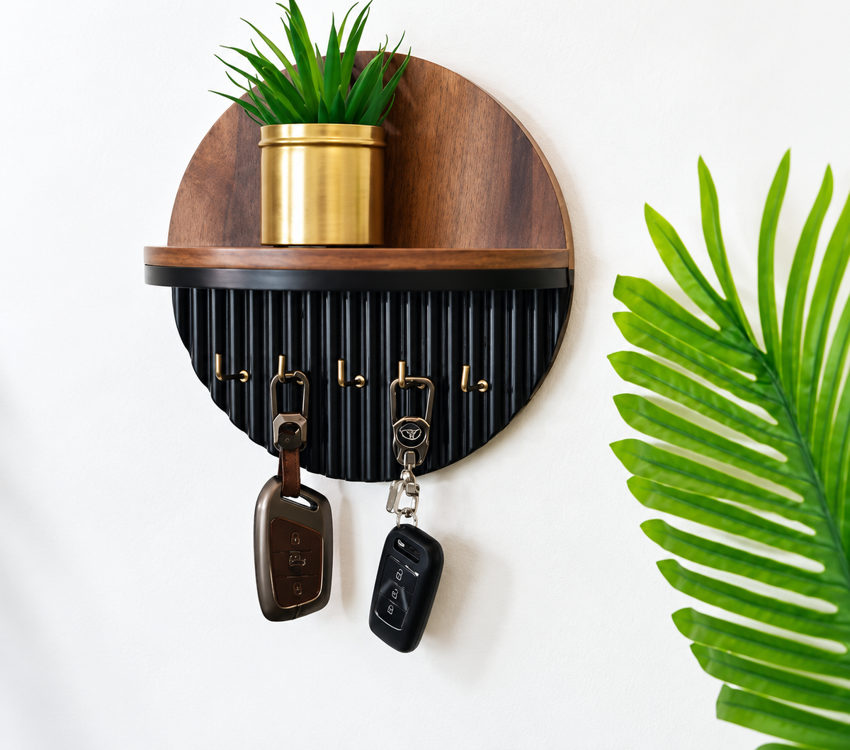 Wooden Wall Mounted Key Holder with Storage Shelf & Hooks