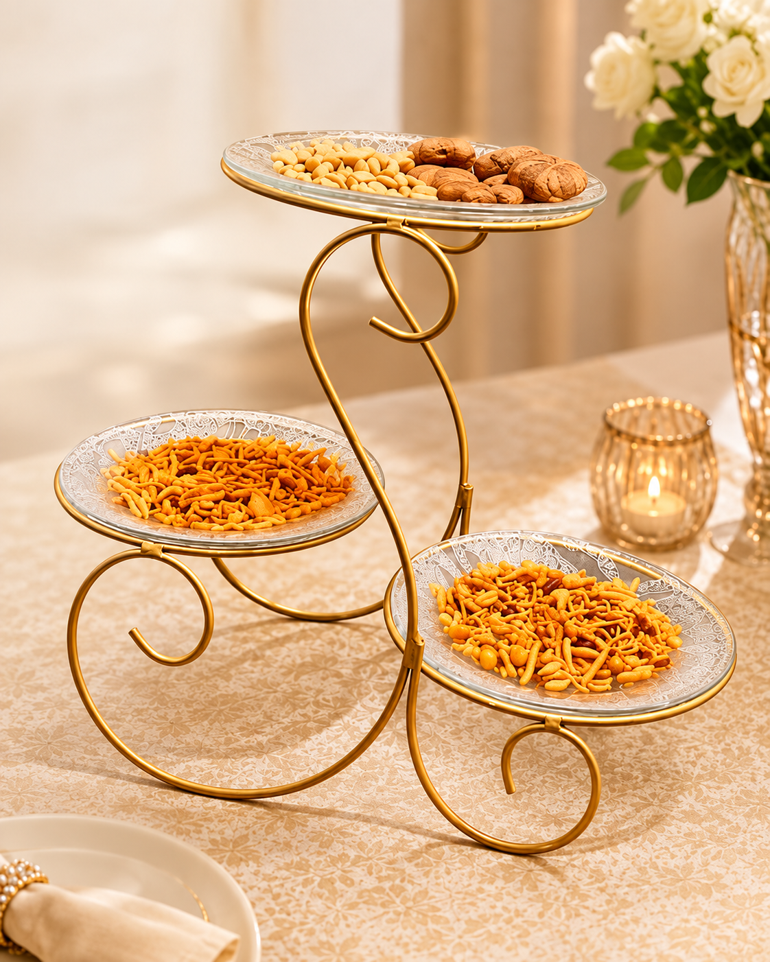Elegant 3-Tier Gold Samosa Serving Stand